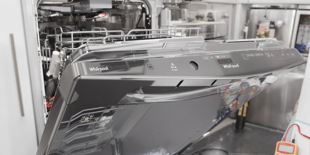 Whirlpool dishwasher with the door open, revealing the interior filled with clean dishes and utensil