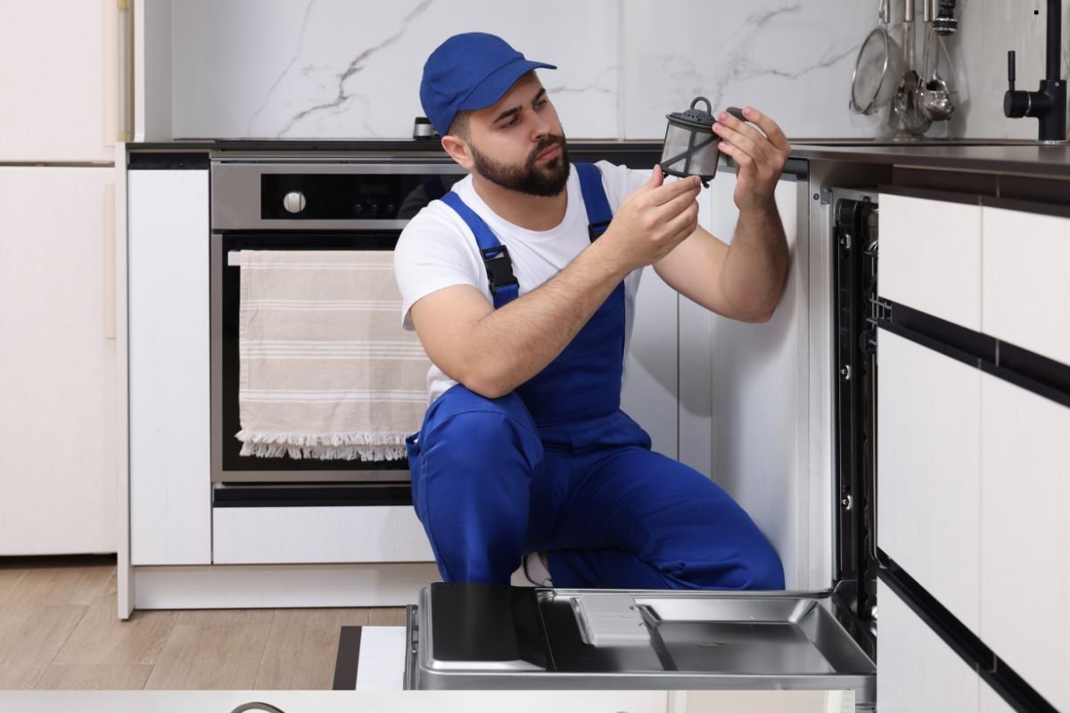 A person in a checkered shirt and green overalls examines a dishwasher in a modern kitchen, holding a filter component.