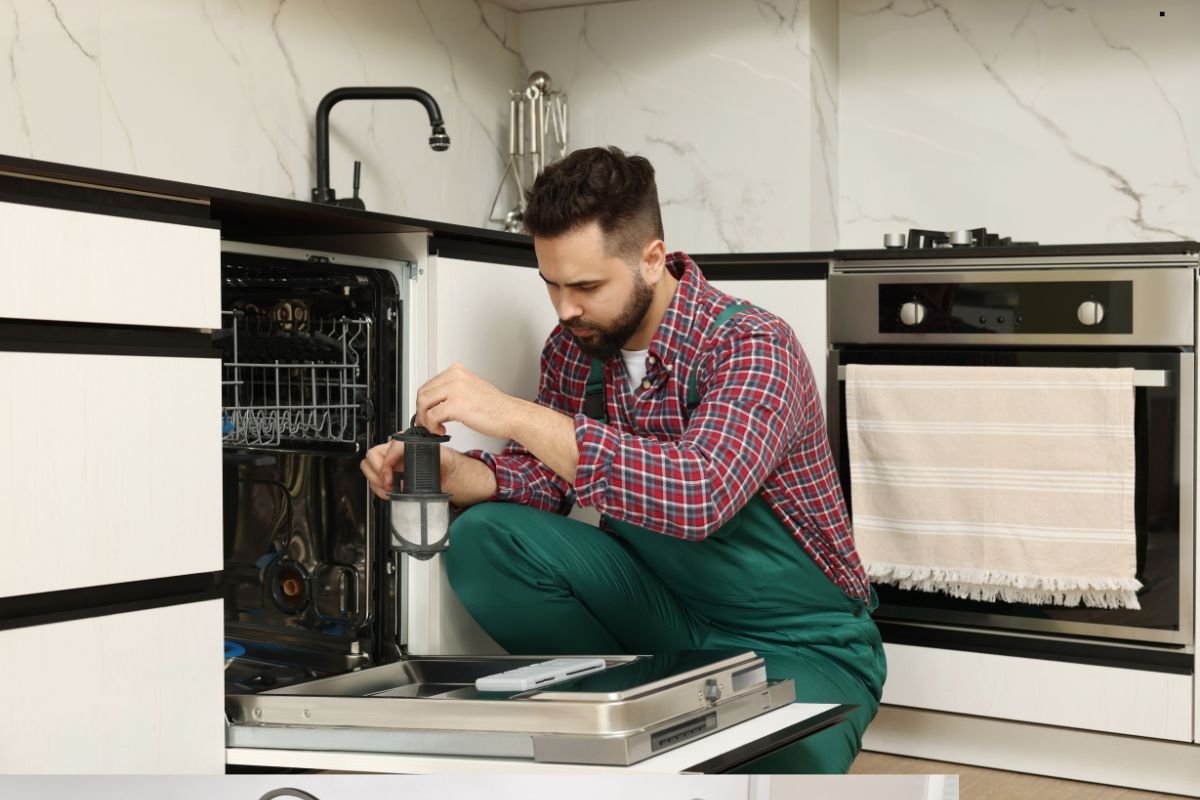 A person in a checkered shirt and green overalls examines a dishwasher in a modern kitchen, holding a filter component.